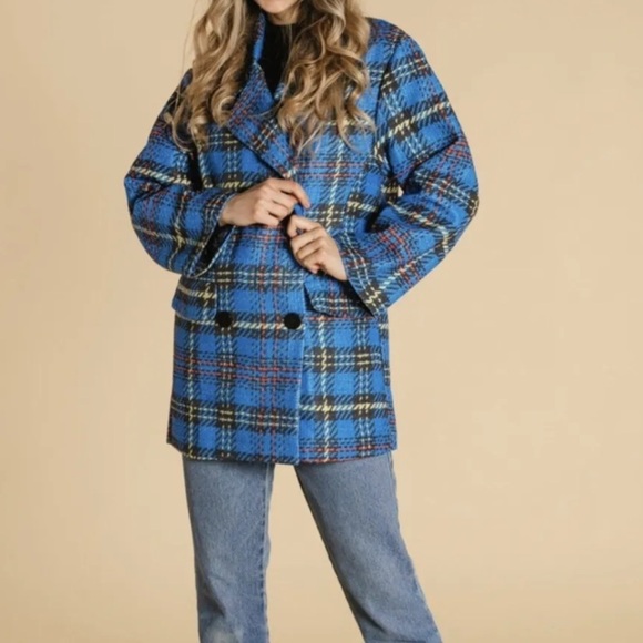 Zara womens plaid tweed pea coat button  Blue Oversize Size  M/L - Picture 1 of 8